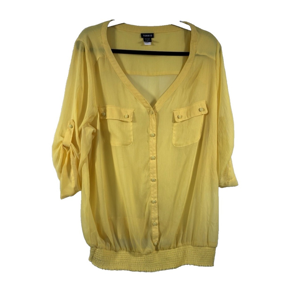 Torrid Blouse top Size 2 3/4‎ sleeve button up semi sheer elastic waist hem
